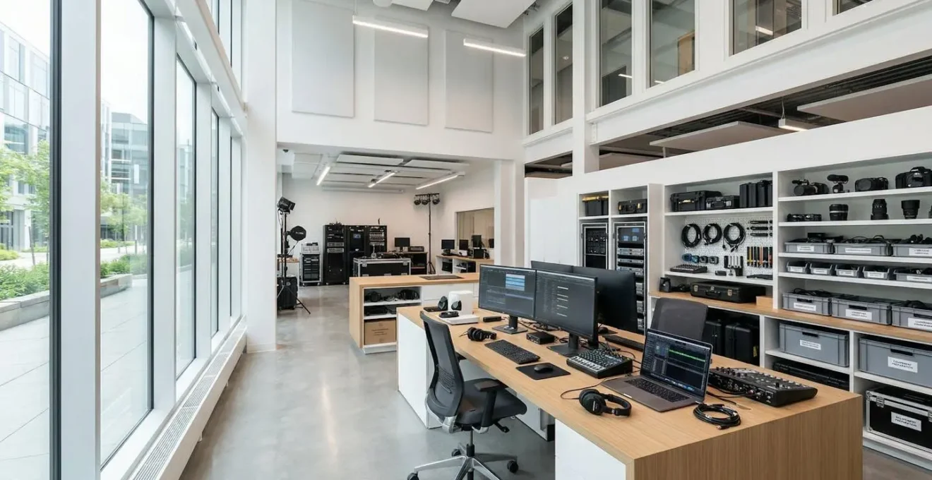 Un espace de préparation matériel audiovisuel professionnel lumineux et organisé, avec rangements d'équipements, sol propre et lignes épurées, sans présence humaine