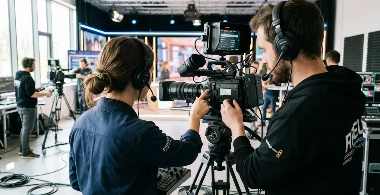 Un technicien audiovisuel et un chef opérateur vérifient ensemble la configuration d'une caméra broadcast sur un plateau de tournage contemporain, vus de dos