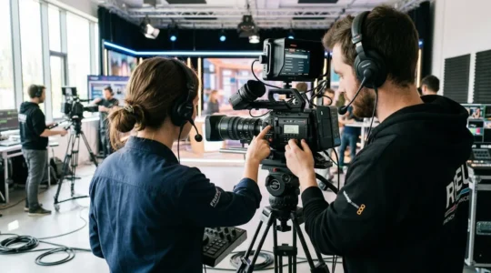 Un technicien audiovisuel et un chef opérateur vérifient ensemble la configuration d'une caméra broadcast sur un plateau de tournage contemporain, vus de dos