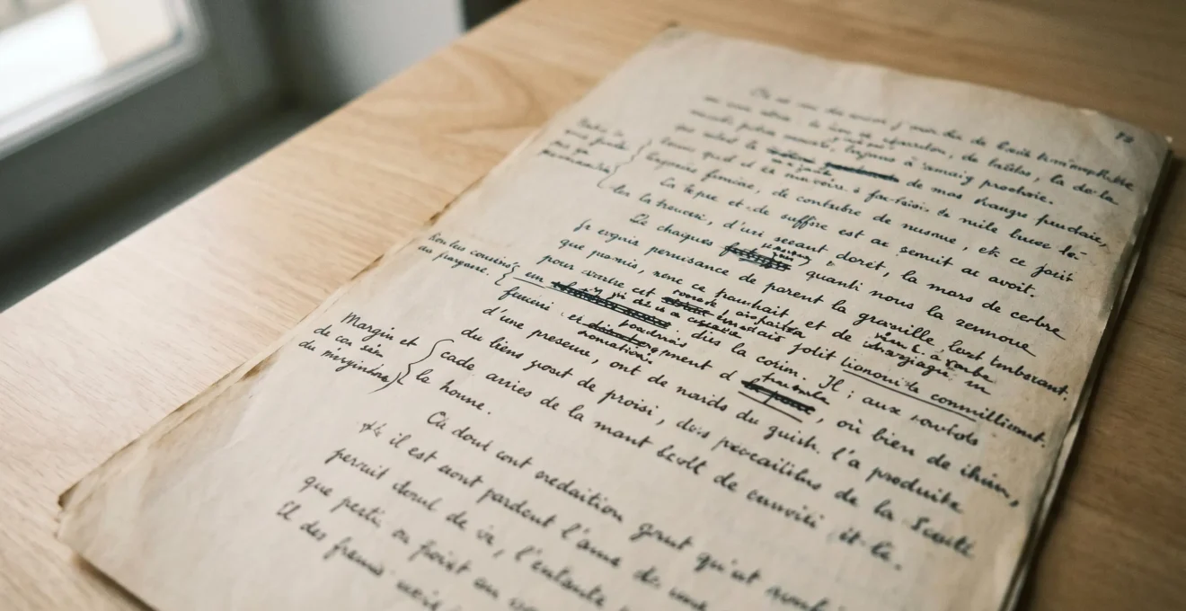 Fac-similé de manuscrit littéraire français des années 1940 avec écriture manuscrite à l'encre, ratures visibles et corrections marginales, posé sur un bureau en bois clair sous lumière naturelle