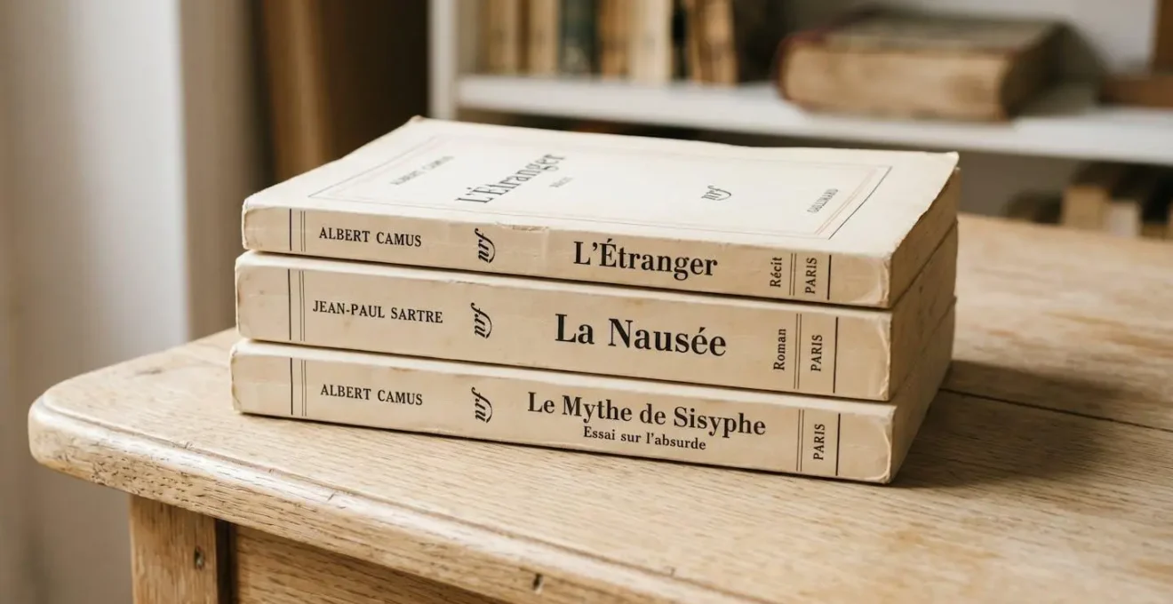 Pile de livres éditions Gallimard vintage des années 1940-1950 aux couvertures crème caractéristiques, titres visibles L'Étranger, La Nausée, Le Mythe de Sisyphe, posés sur table en bois clair sous lumière naturelle