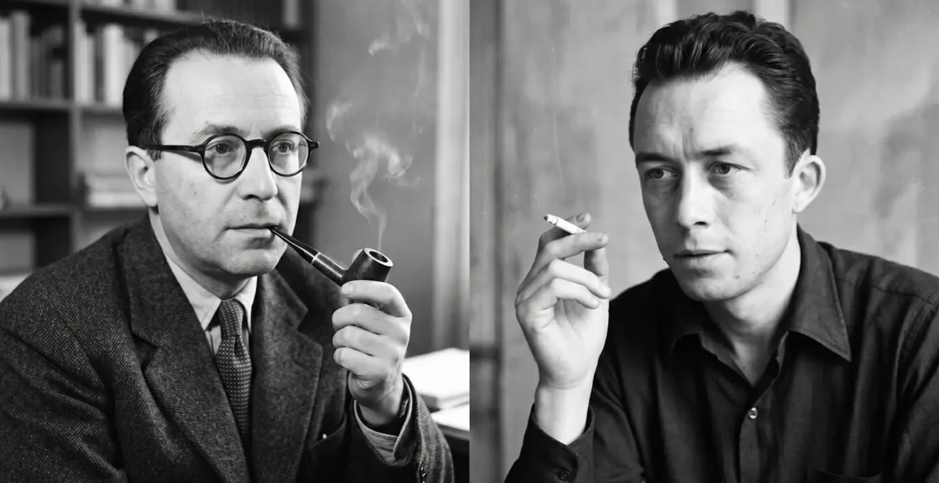 Portraits photographiques noir et blanc d'archives des années 1950 montrant Jean-Paul Sartre avec ses lunettes rondes et sa pipe, et Albert Camus avec col de chemise ouvert et cigarette