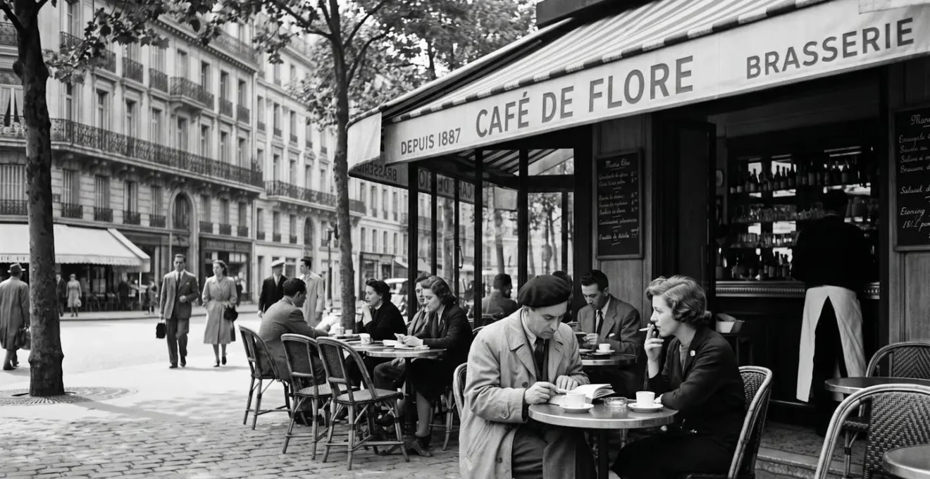 Terrasse du Café de Flore à Paris dans les années 1940, photographie noir et blanc montrant des clients attablés lisant et conversant dans le quartier de Saint-Germain-des-Prés, architecture haussmannienne en arrière-plan