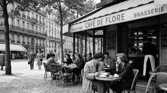 Terrasse du Café de Flore à Paris dans les années 1940, photographie noir et blanc montrant des clients attablés lisant et conversant dans le quartier de Saint-Germain-des-Prés, architecture haussmannienne en arrière-plan
