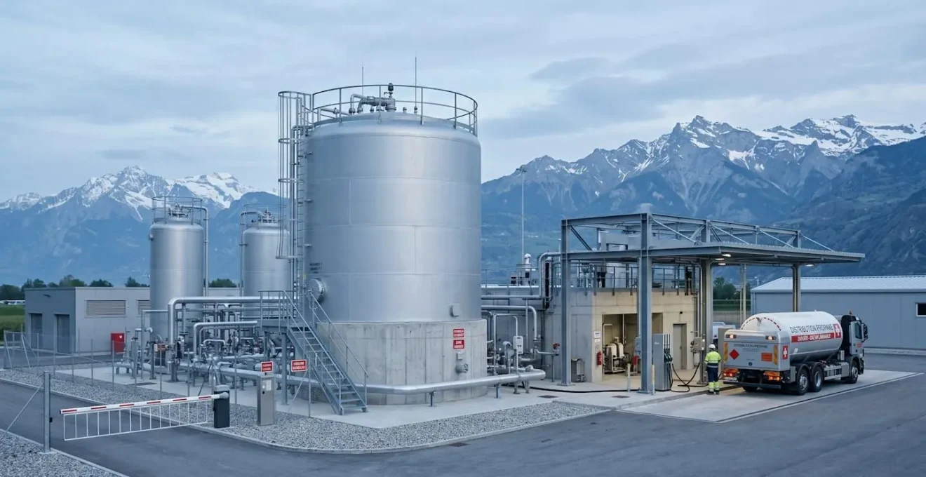 Installation industrielle de stockage propane avec cuve argentée et infrastructure de distribution sur site commercial moderne