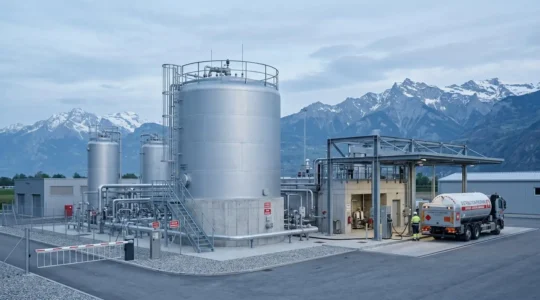 Installation industrielle de stockage propane avec cuve argentée et infrastructure de distribution sur site commercial moderne