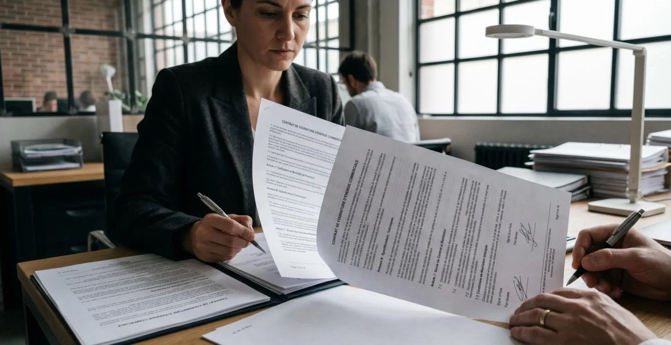 Mains examinant un contrat commercial d'énergie avec clauses détaillées lors d'une signature professionnelle