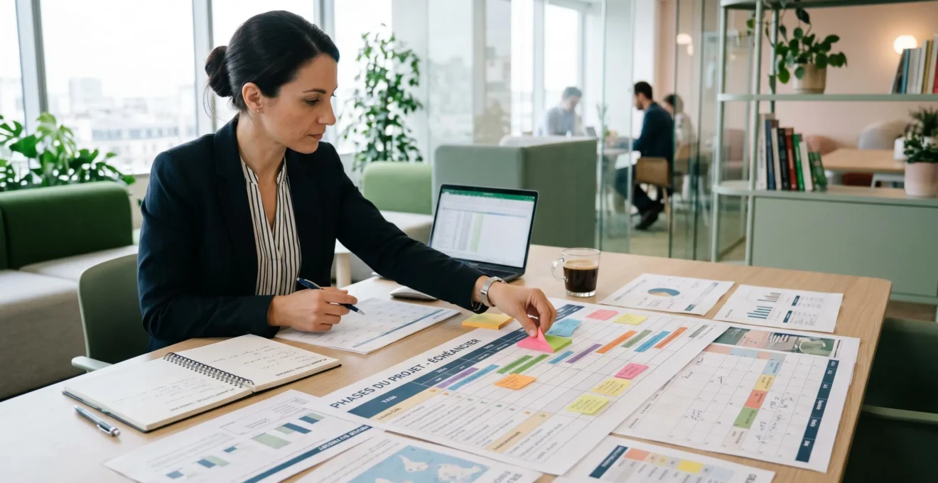 Professionnel organisant méthodiquement un planning de projet avec documents de planification sur bureau moderne