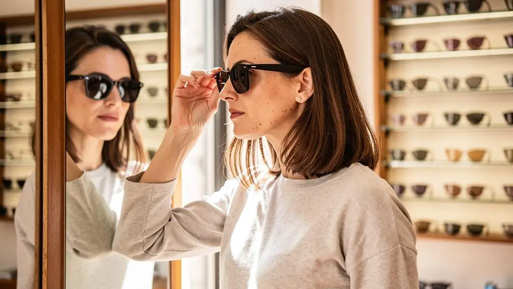 Une femme essaie des lunettes de soleil devant un miroir dans un magasin d'optique.