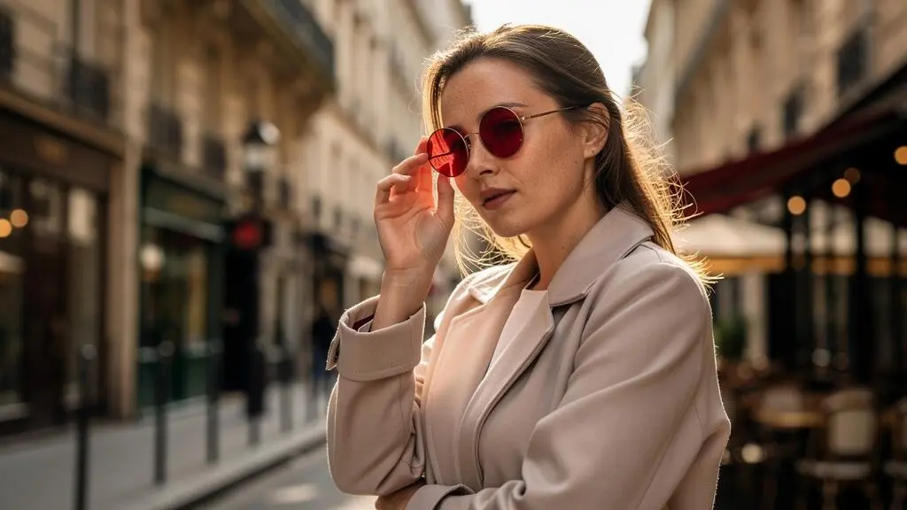 Une femme porte des lunettes de soleil à verres rouges dans une rue ensoleillée.
