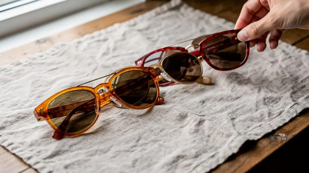 Plusieurs paires de lunettes de soleil classiques posées sur un tissu près d'une main.